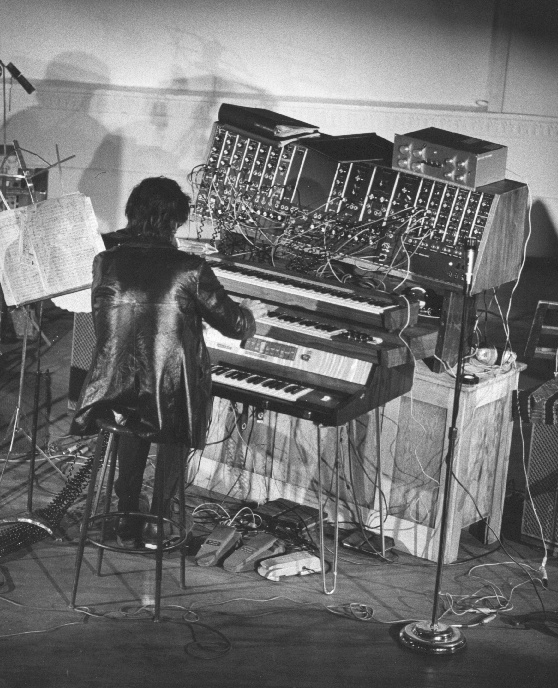 Paul Bley performing on the
          Moog synthesizer at Philarmonic Hall, NYC Dec. 26, 1969.